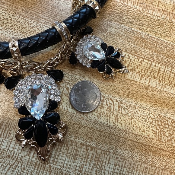 Statement Necklace & Earring Set Gold Black Faux Leather Crystal Gothic Glam - Picture 6 of 6